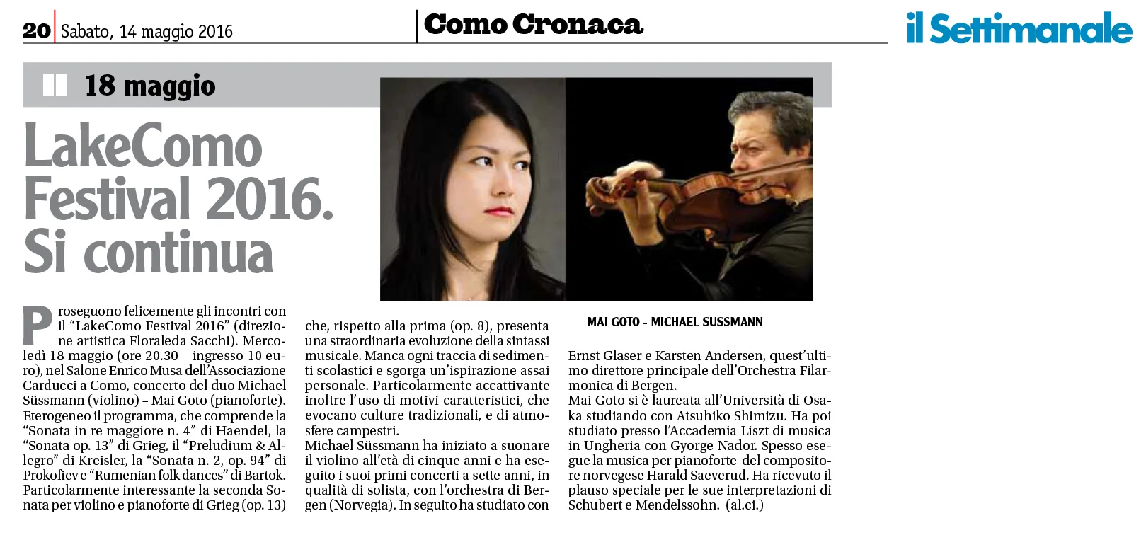 LakeComo Festival 2016 - Il Settimanale - 20-n19 - 14 mag 16 (Sussmann-Goto)