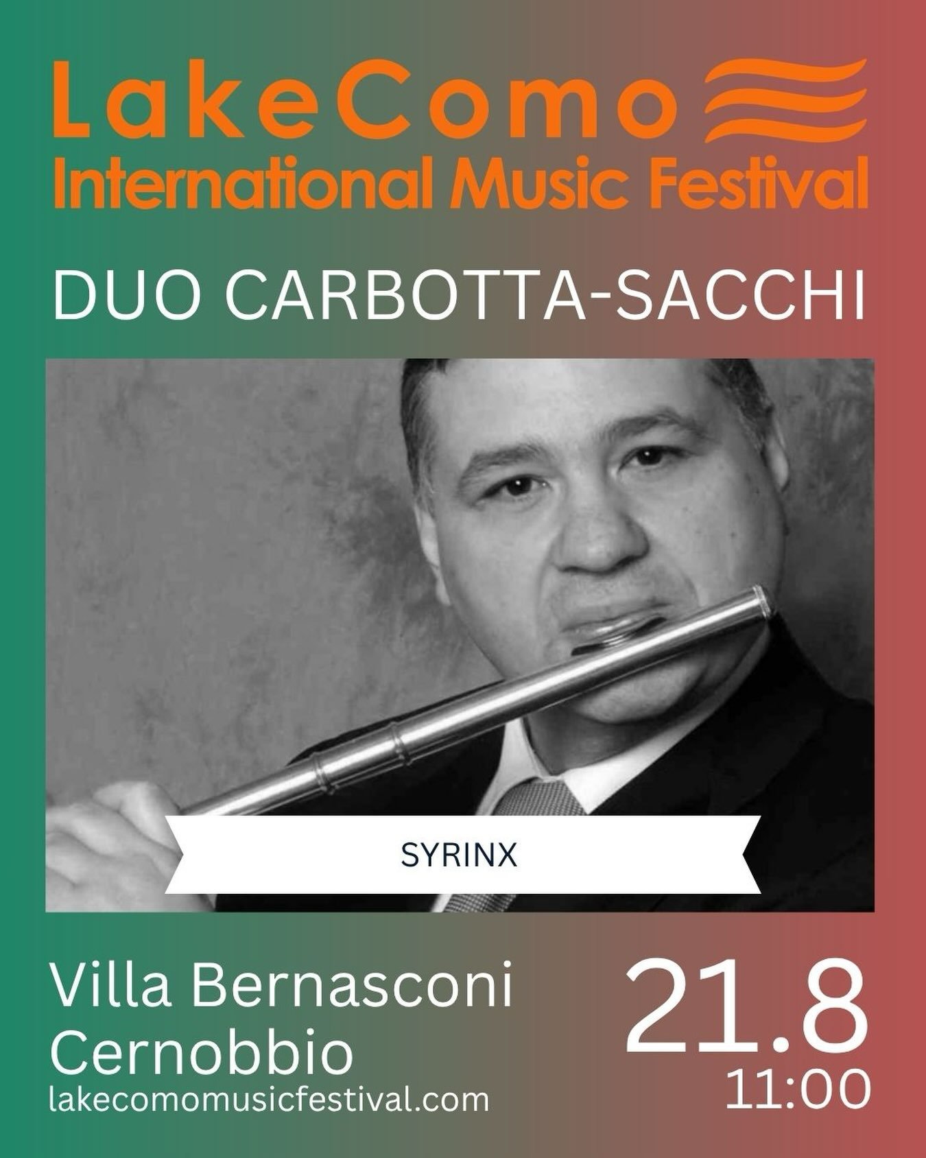 21 agosto @villabernasconi Mario Carbotta (flauto), Floraleda Sacchi (arpa) non mancate! #lakecomo #music #festival
