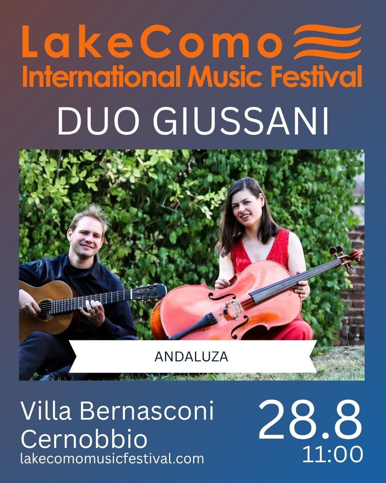 28 agosto il DUO GIUSSANI:
PAULINE STEPHAN (VIOLONCELLO), JULIAN RICHTER (CHITARRA) in Andaluza @villabernasconi #cernobbio www.lakecomofestival.com LINK IN BIO